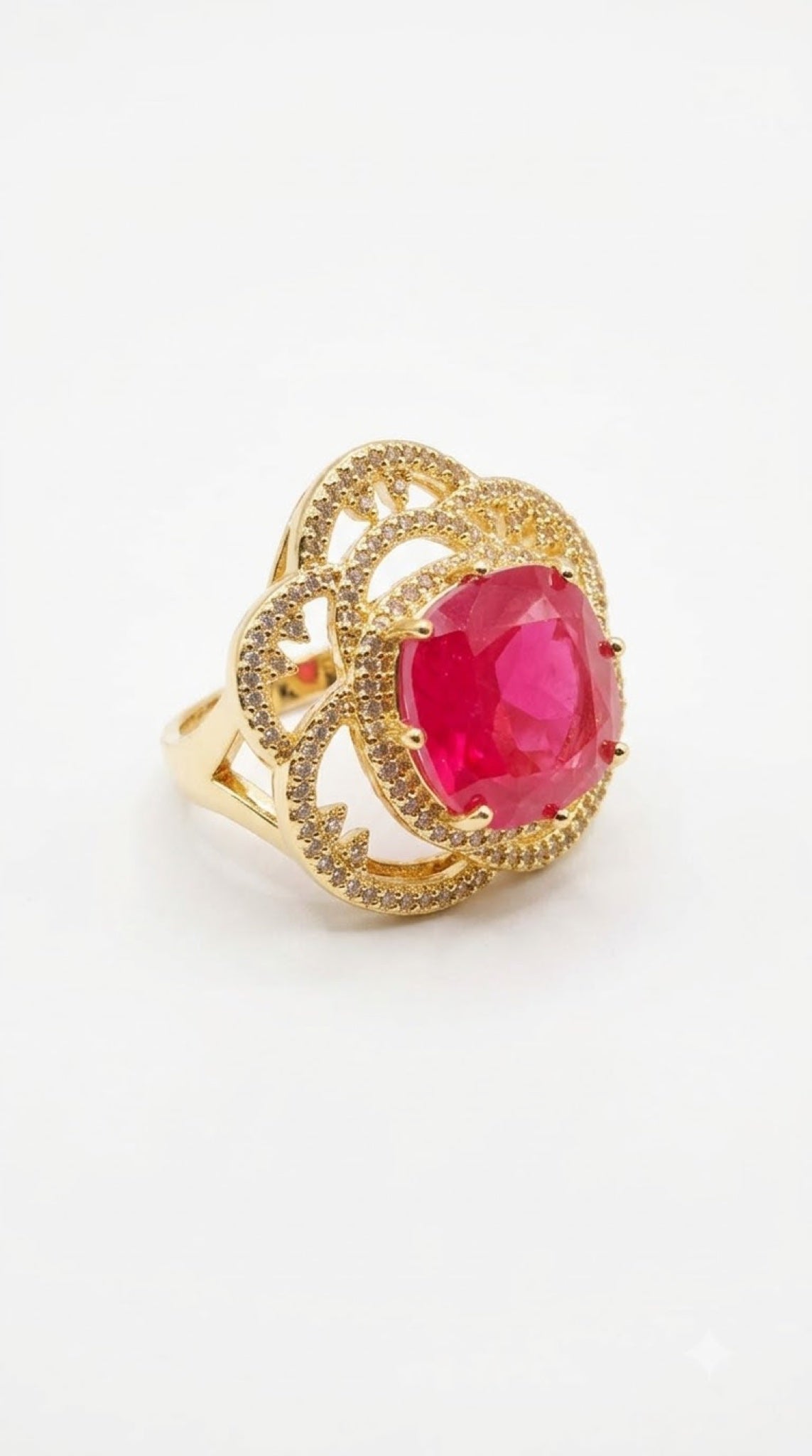 Gold-tone cocktail ring with cushion ruby-red crystal and openwork halo - view 3