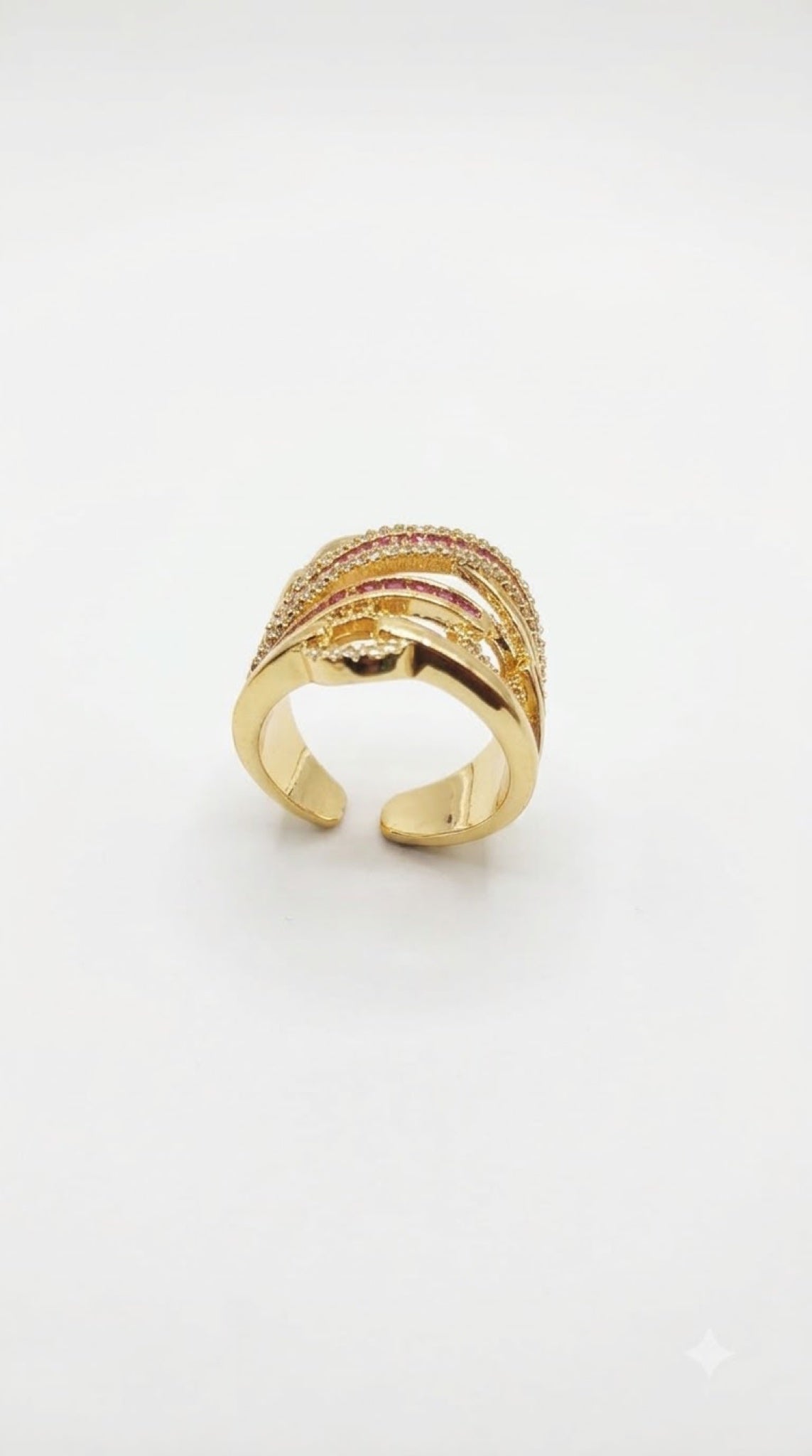 Wide gold-tone statement ring with ruby-red baguette crystals and pavé crystal bands - view 2