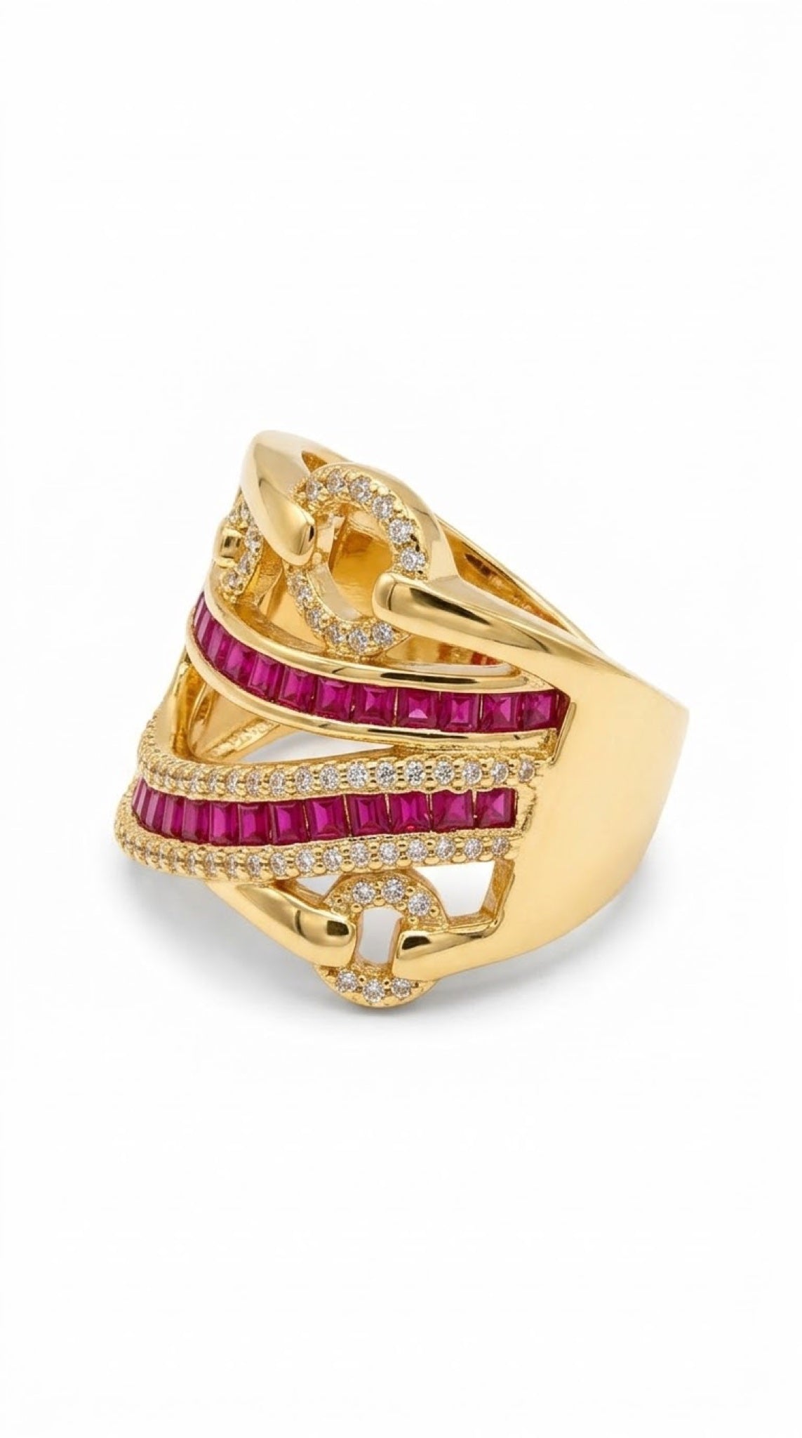 Wide gold-tone statement ring with ruby-red baguette crystals and pavé crystal bands - view 3
