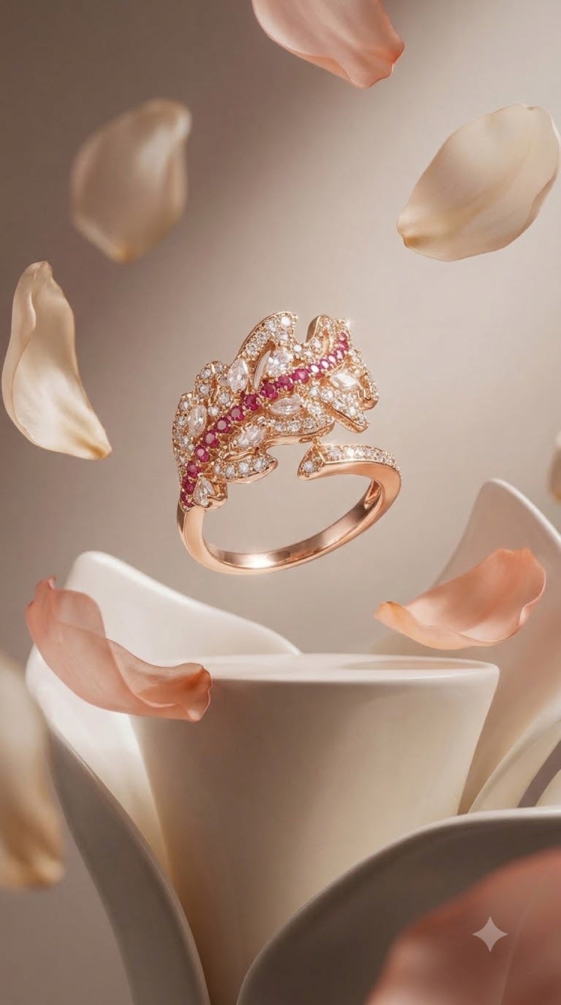 Rose gold-tone feather wrap ring with clear and pink crystal pavé