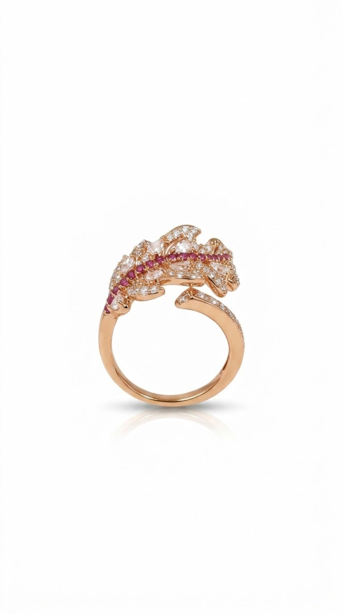 Rose gold-tone feather wrap ring with clear and pink crystal pavé - view 3