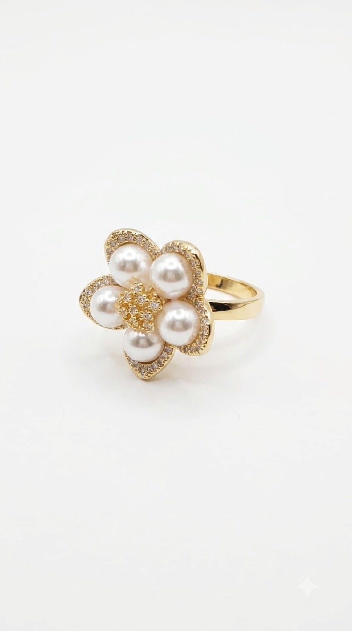 Gold-tone flower cocktail ring with faux pearl cluster and crystal-edged petals - view 2