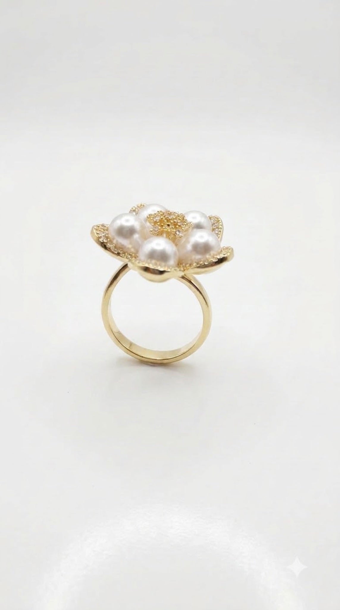 Gold-tone flower cocktail ring with faux pearl cluster and crystal-edged petals - view 3