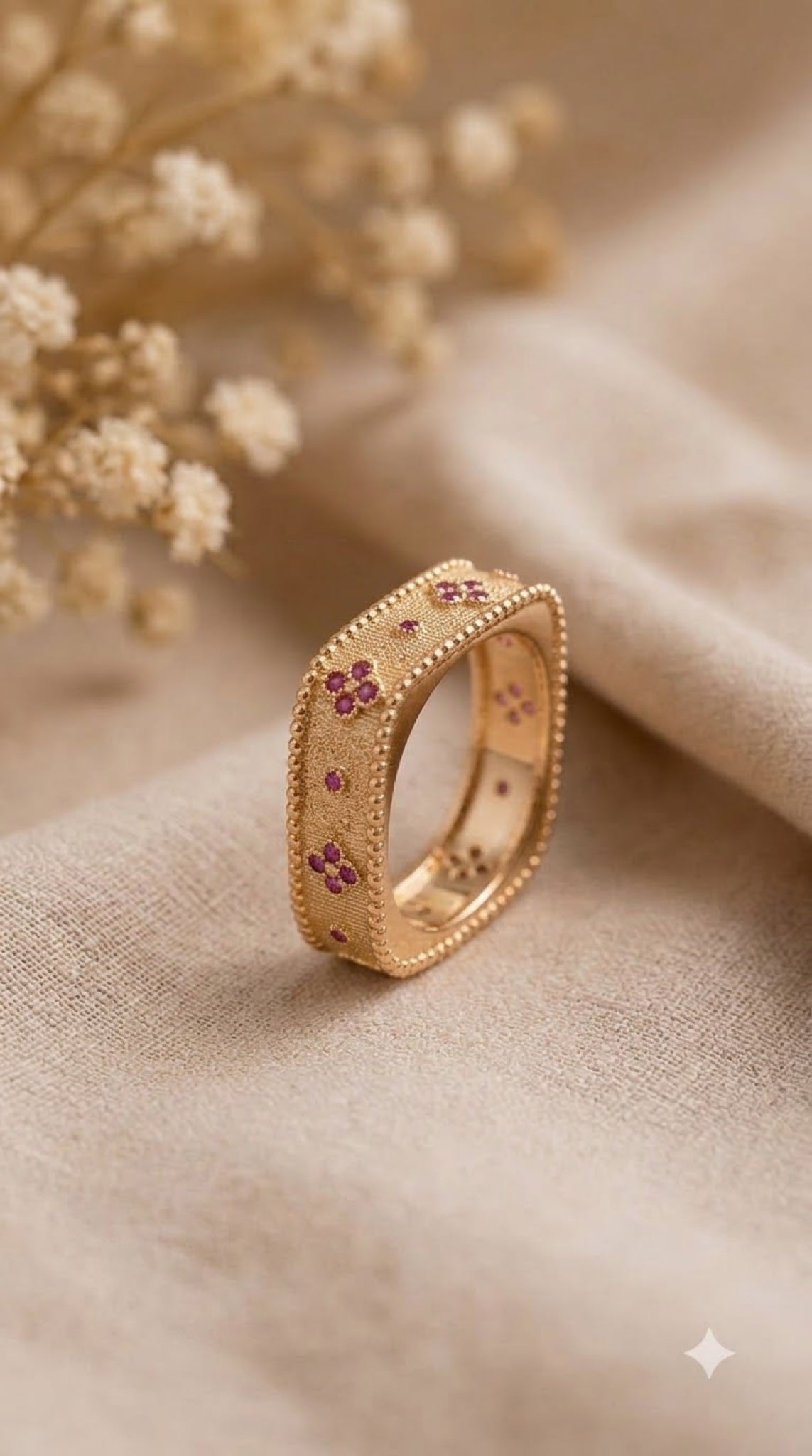 Square gold-tone band ring with filigree inner wall and pink crystal flower accents