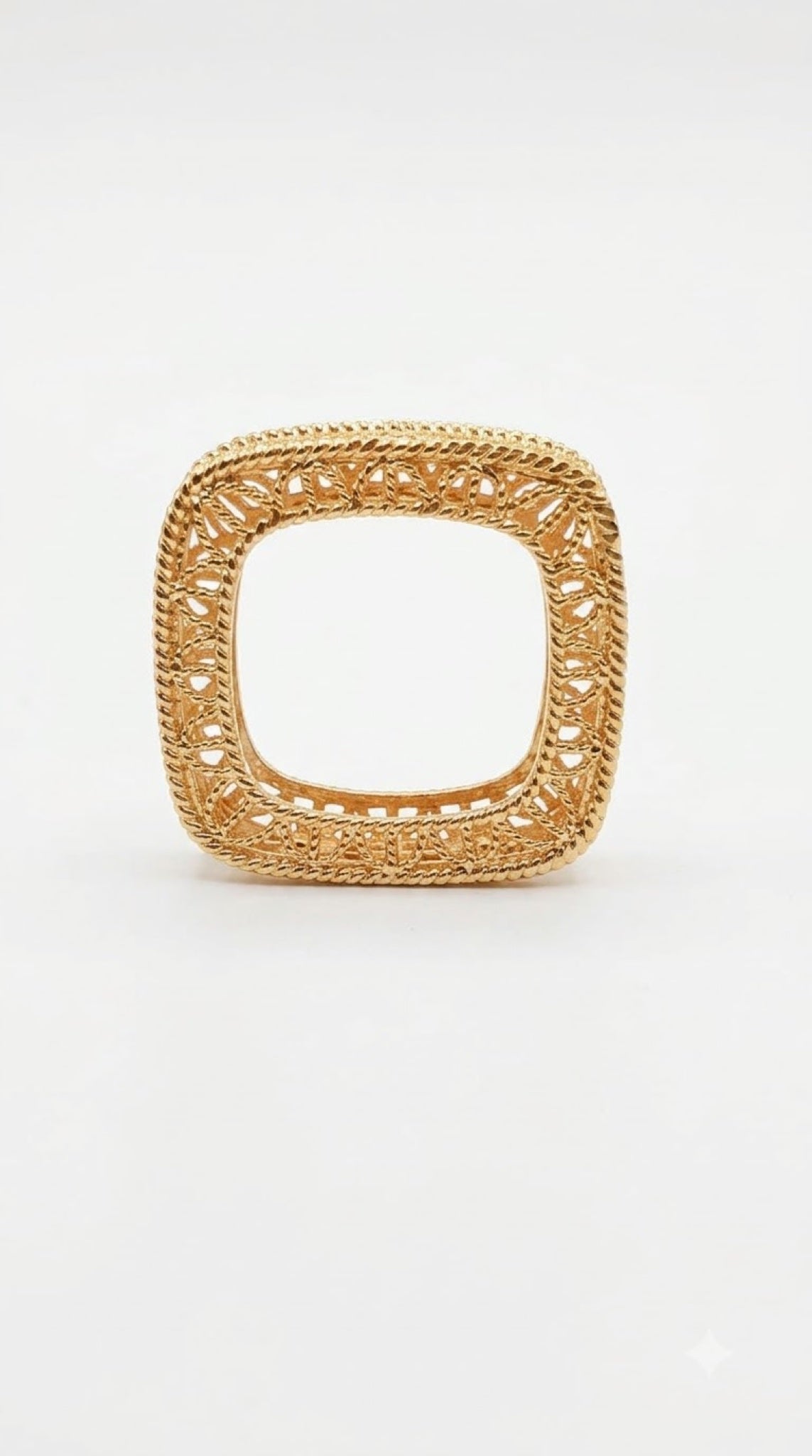 Square gold-tone band ring with filigree inner wall and pink crystal flower accents - view 2