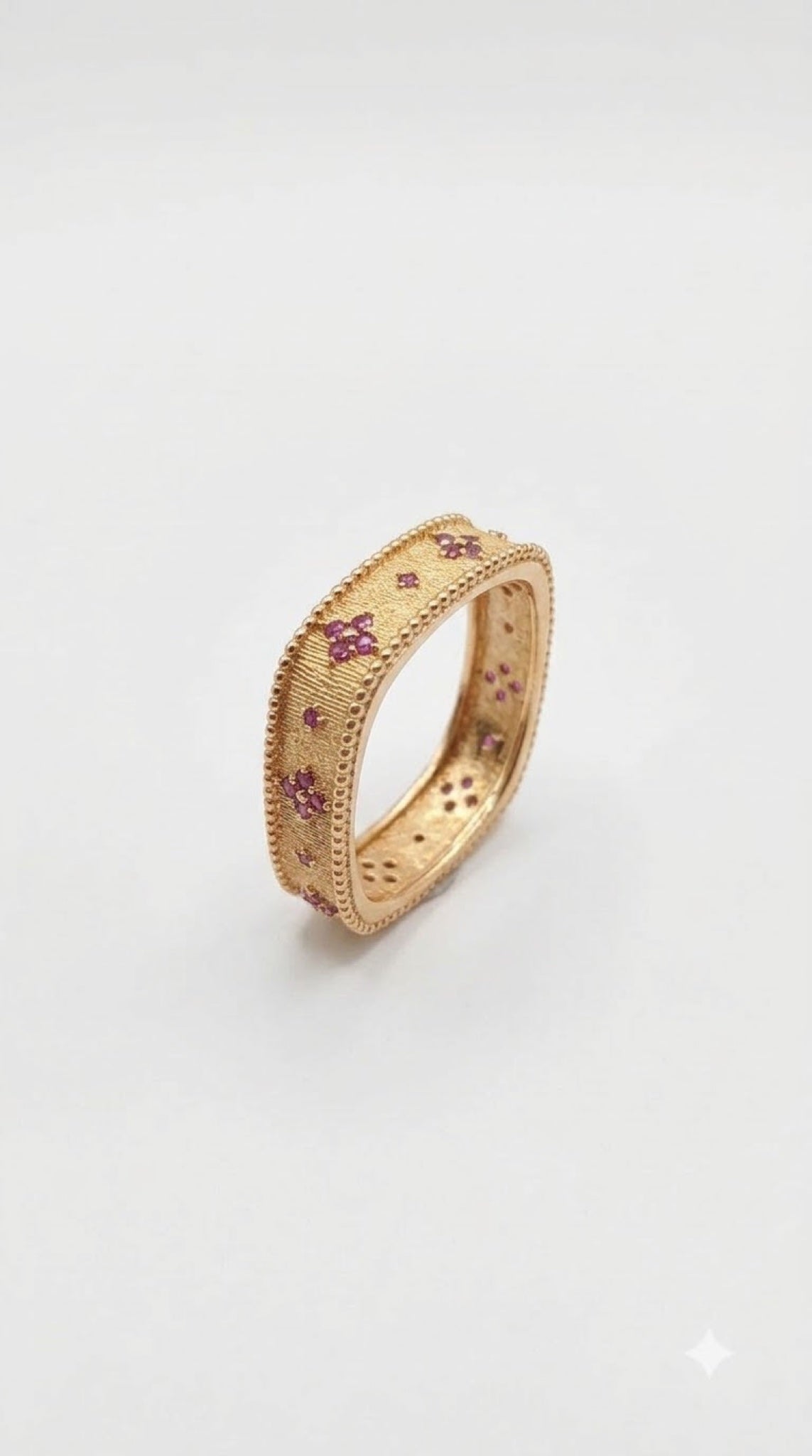 Square gold-tone band ring with filigree inner wall and pink crystal flower accents - view 3