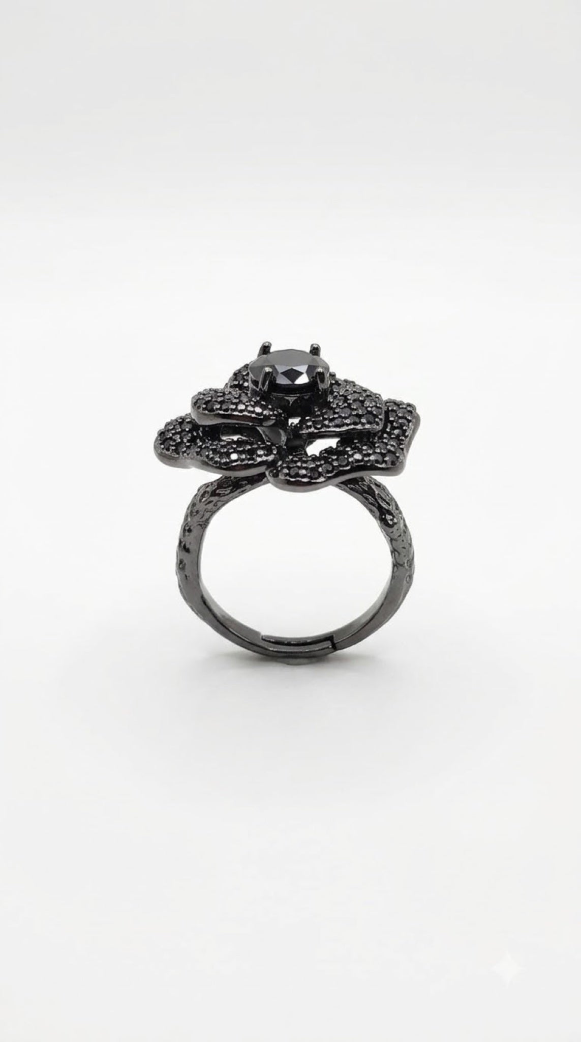 Black gunmetal-finish camellia flower ring with black crystal pavé - view 2