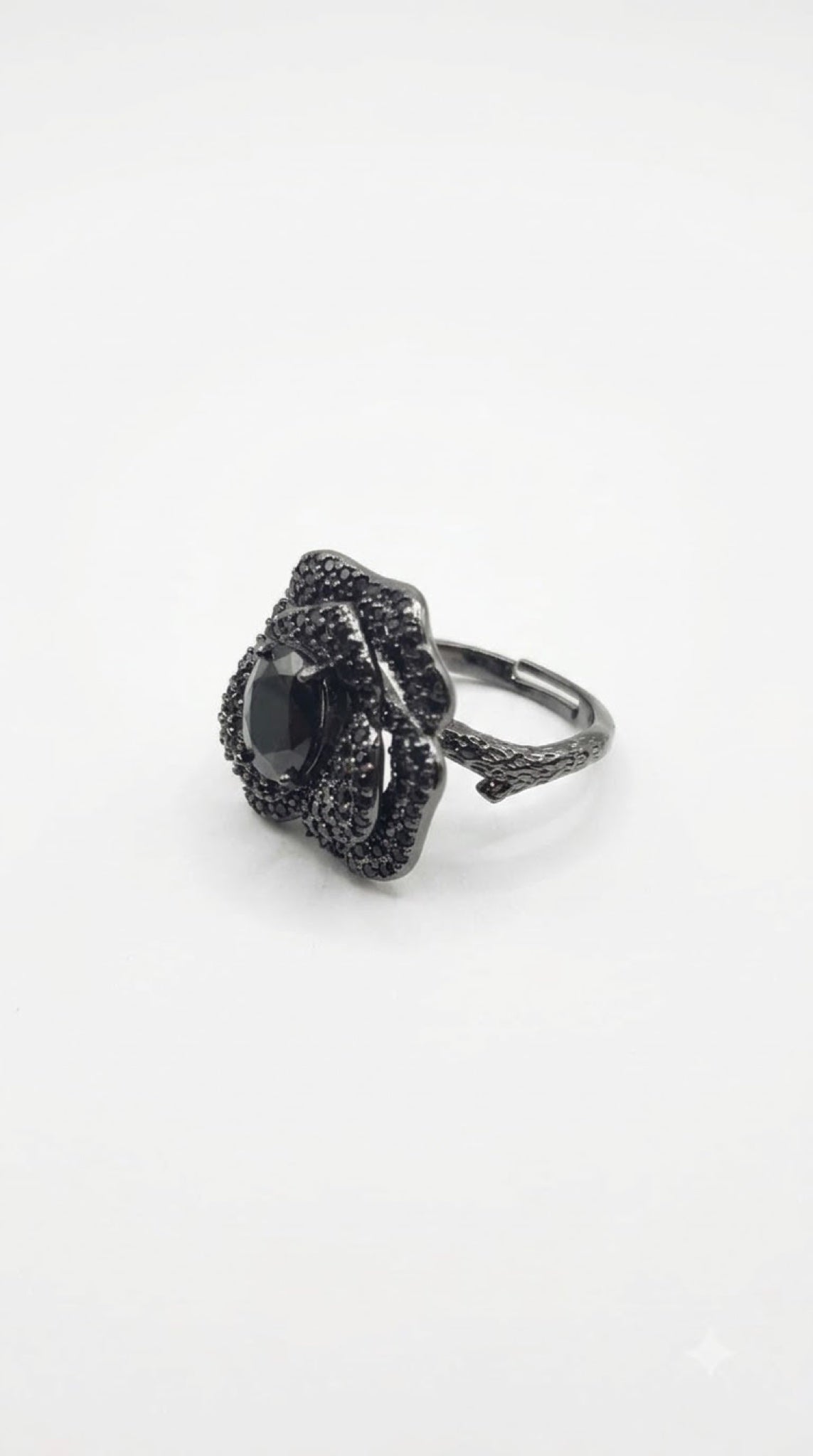 Black gunmetal-finish camellia flower ring with black crystal pavé - view 3