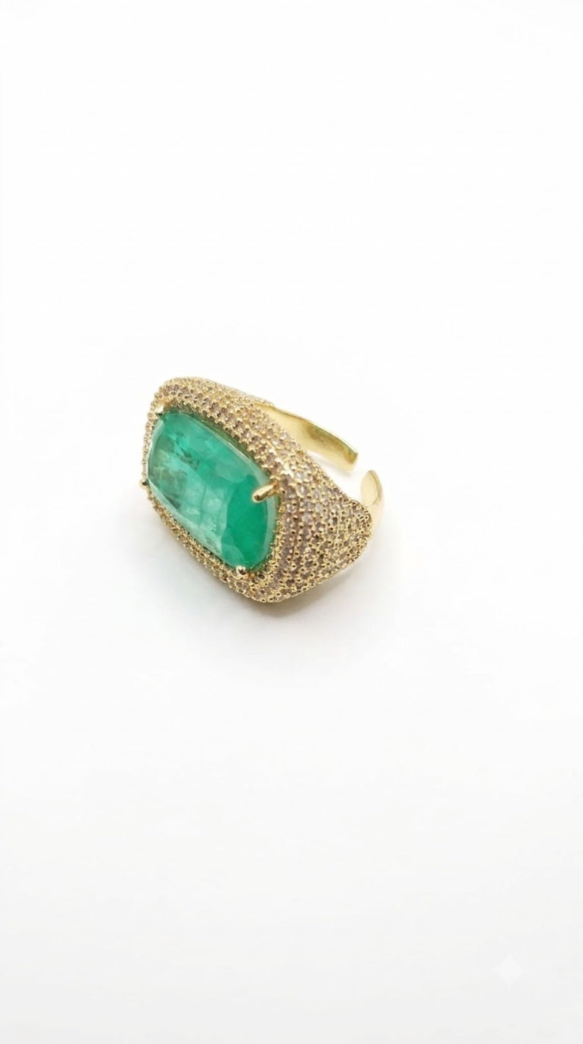 Gold-tone pavé crystal ring with rectangular green stone - view 2