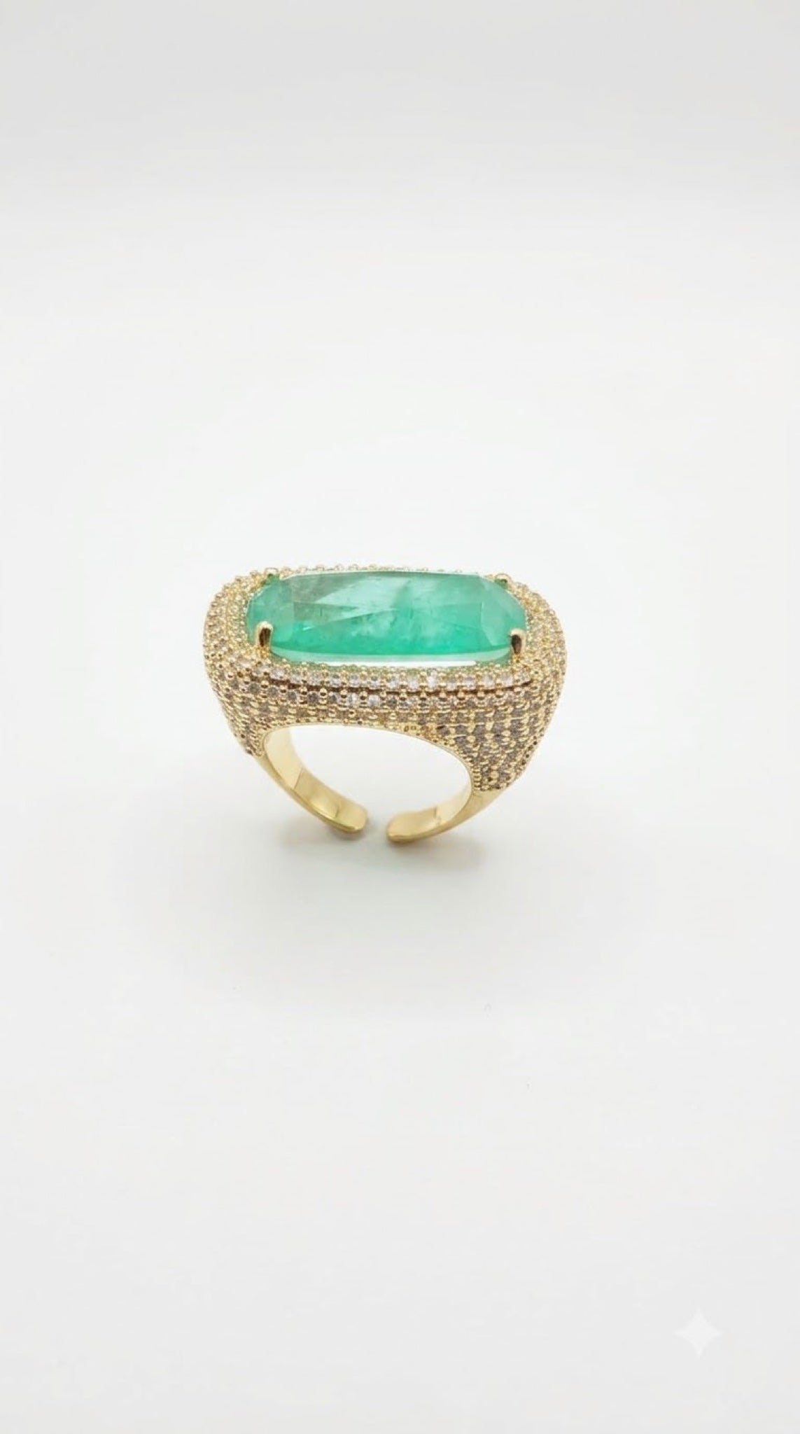 Gold-tone pavé crystal ring with rectangular green stone - view 3