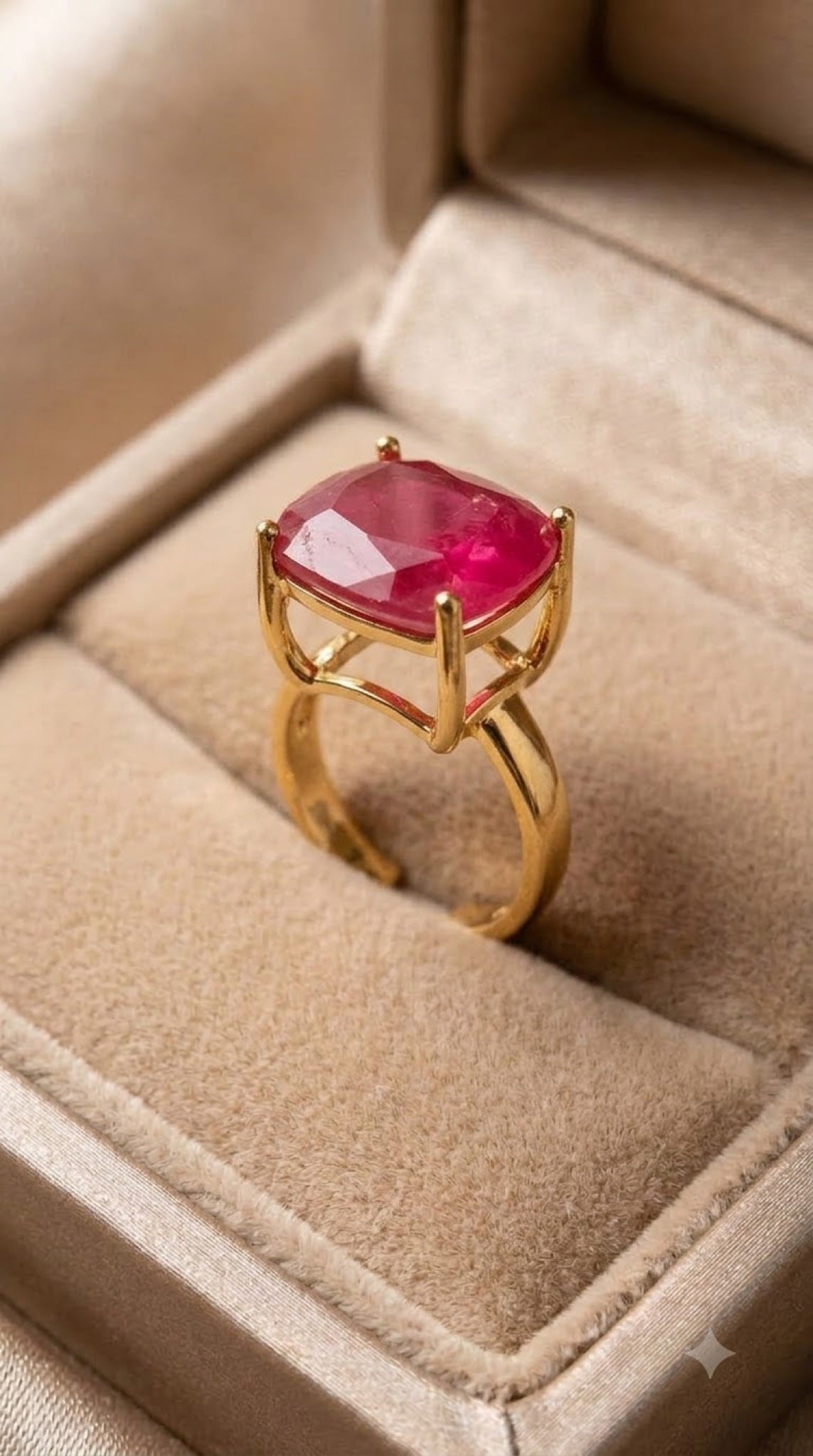 Gold-tone cocktail ring with large cushion-cut raspberry pink stone