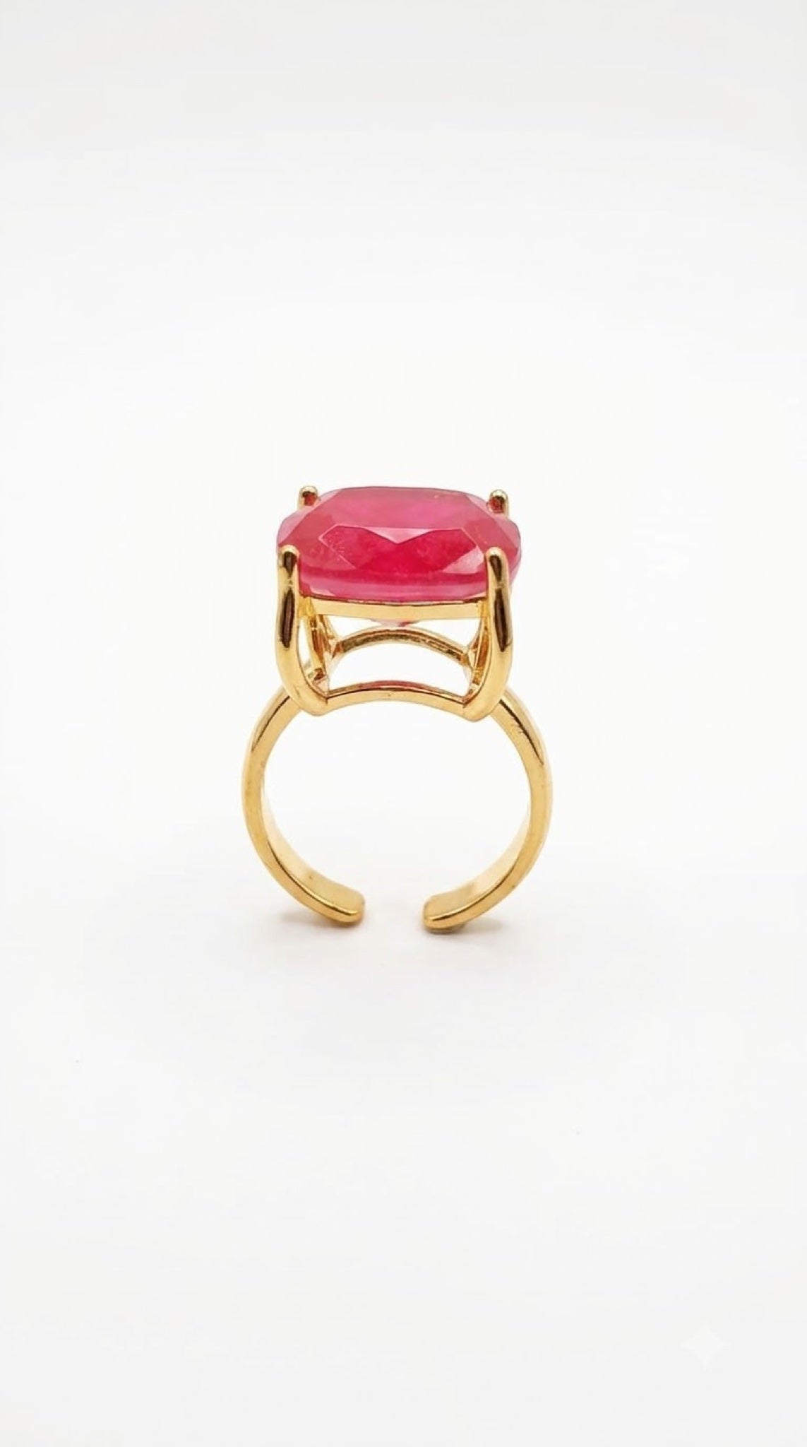 Gold-tone cocktail ring with large cushion-cut raspberry pink stone - view 2