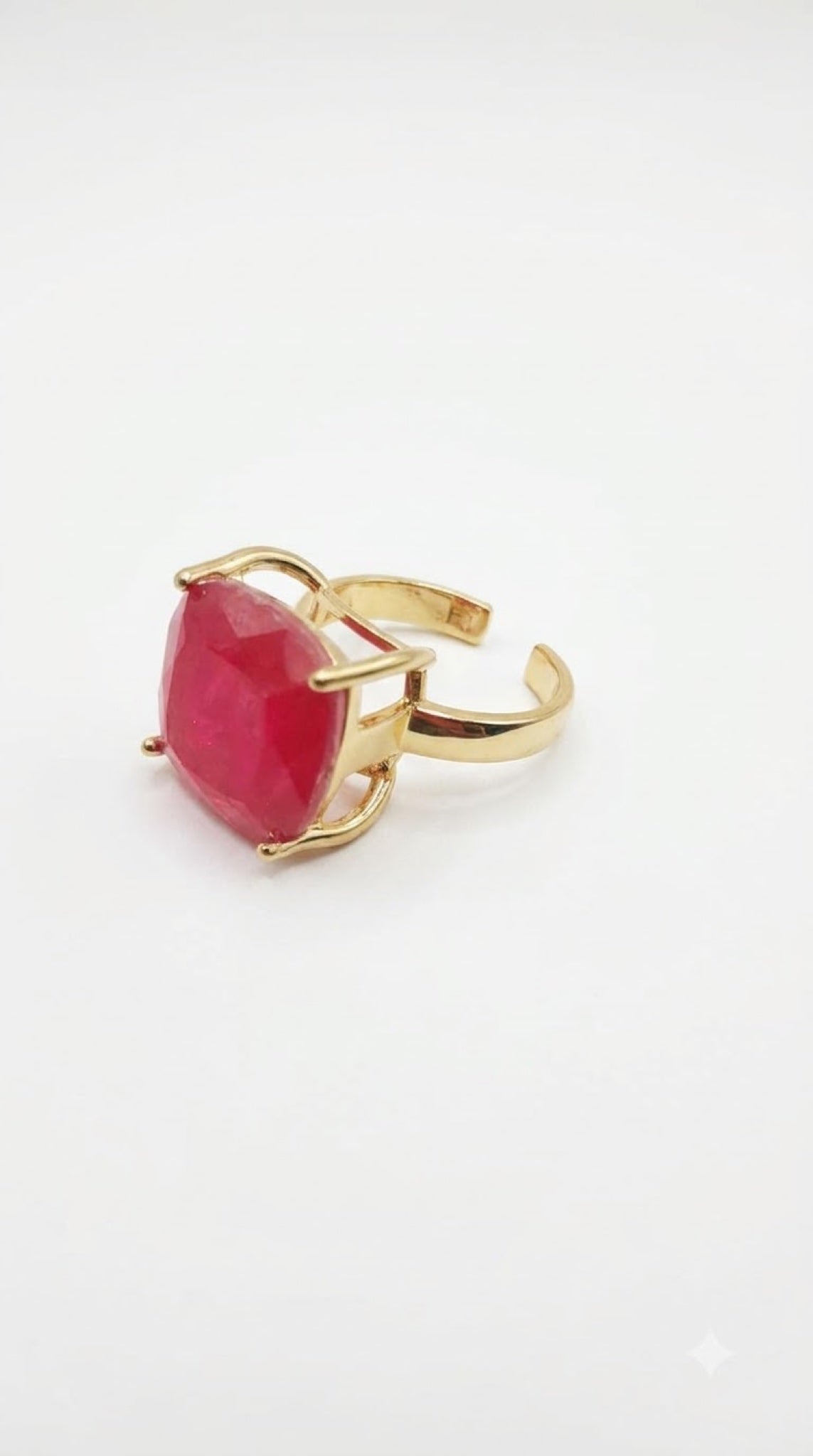 Gold-tone cocktail ring with large cushion-cut raspberry pink stone - view 3