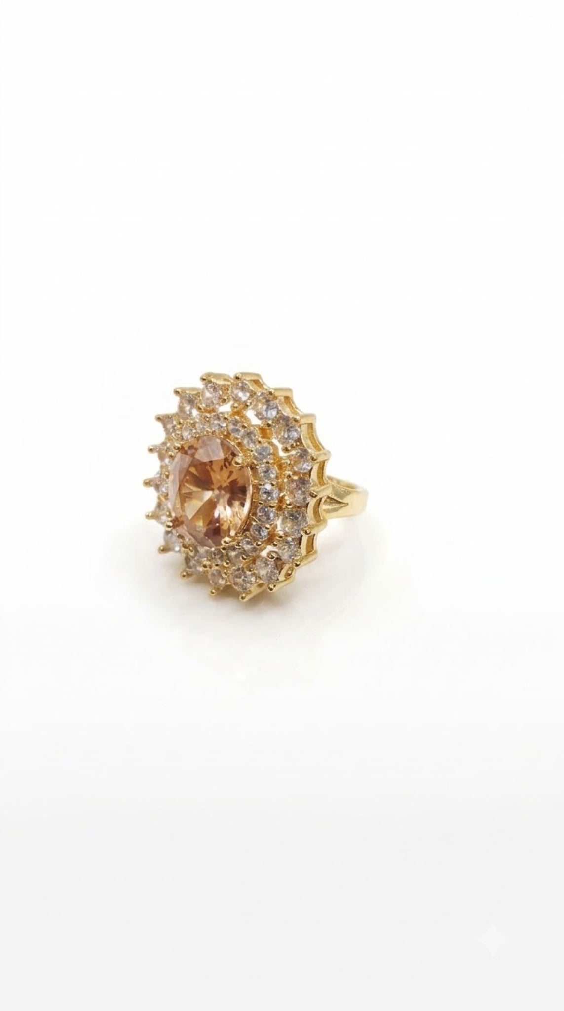 Gold-tone double halo cocktail ring with champagne centre stone and clear crystals - view 2