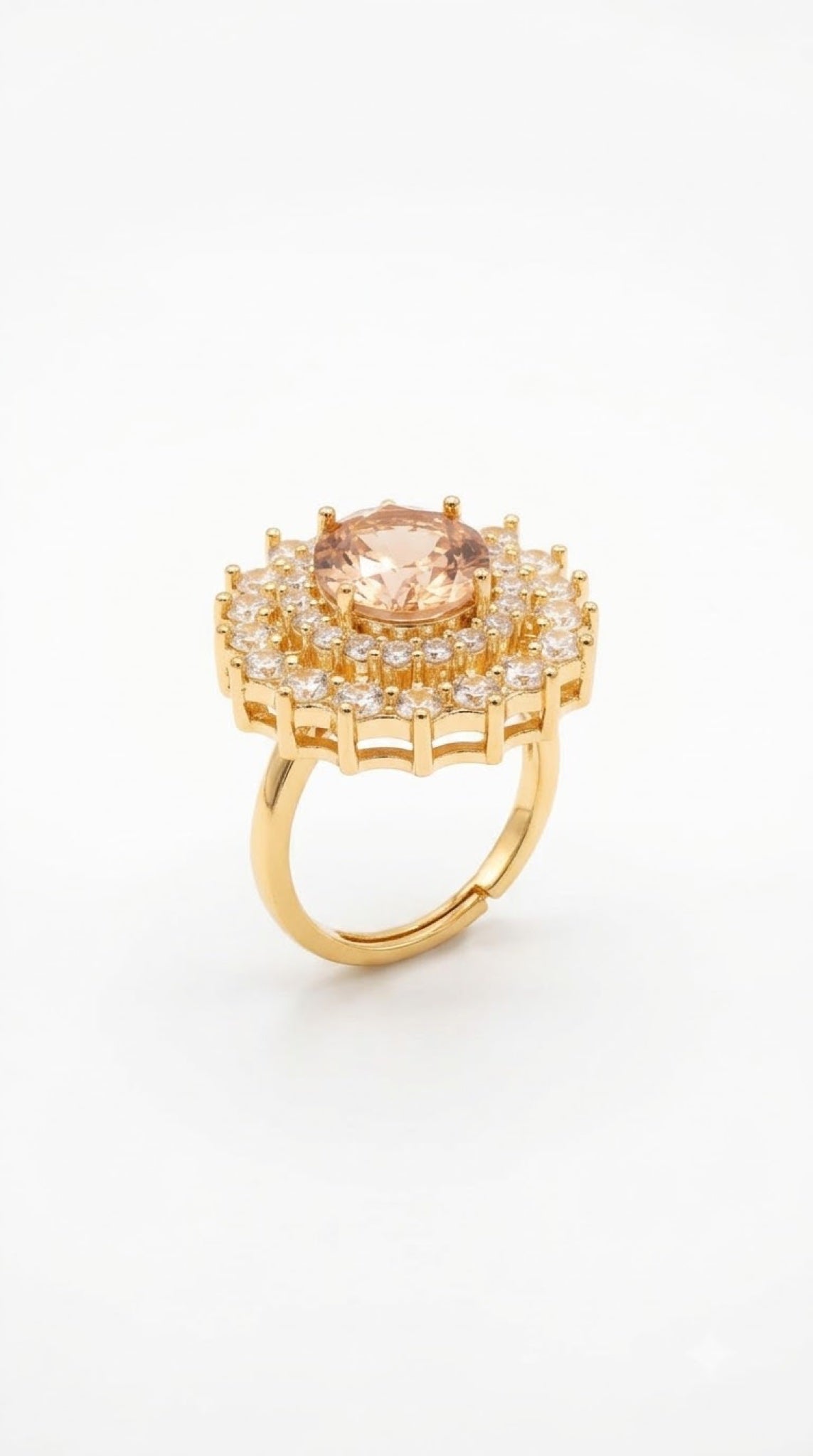Gold-tone double halo cocktail ring with champagne centre stone and clear crystals - view 3