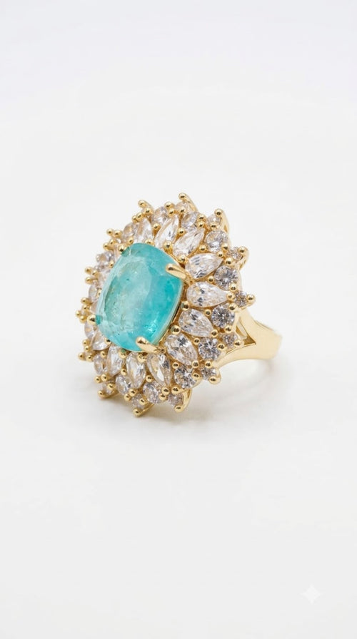 Gold-tone starburst cocktail ring with aqua blue centre stone and marquise crystals - view 2