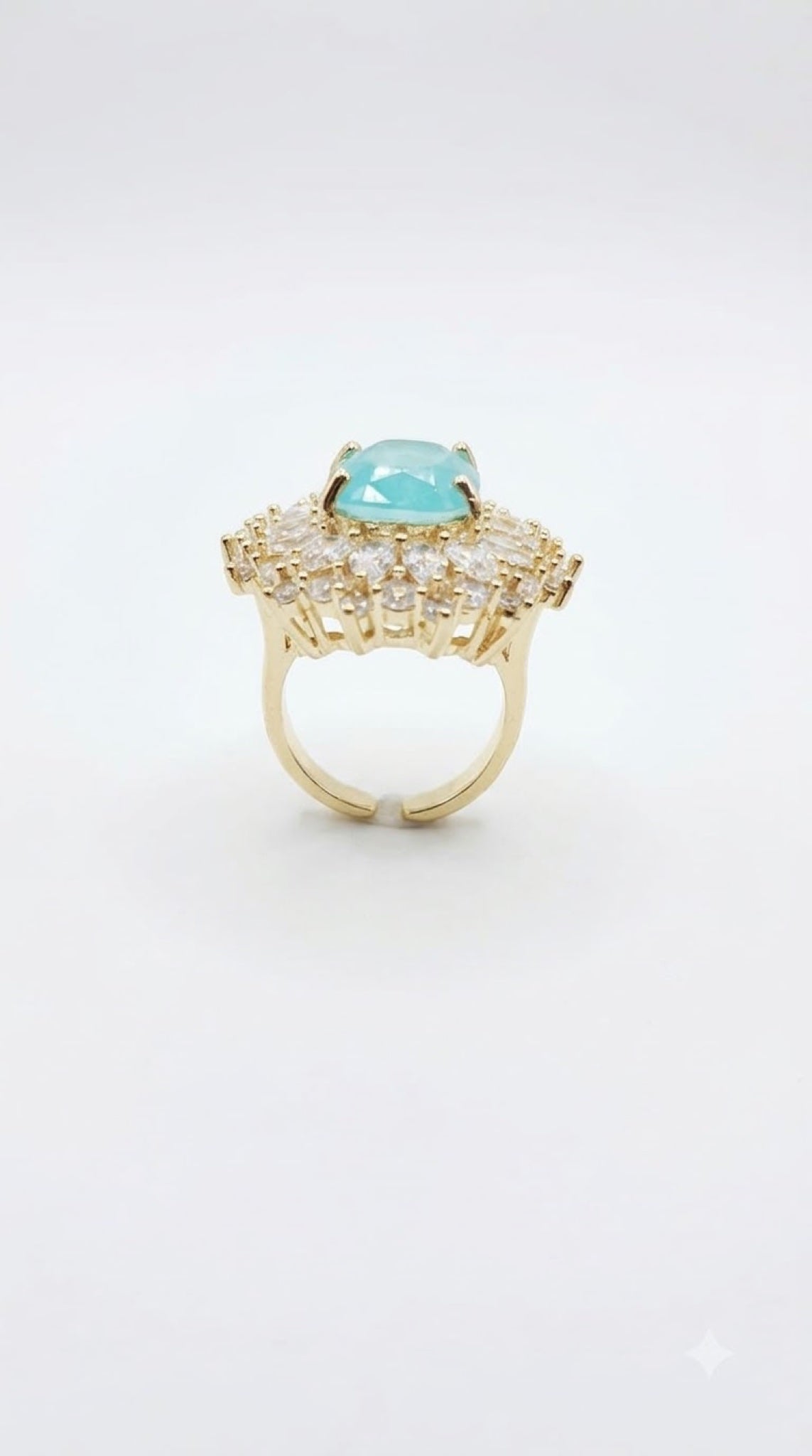 Gold-tone starburst cocktail ring with aqua blue centre stone and marquise crystals - view 3