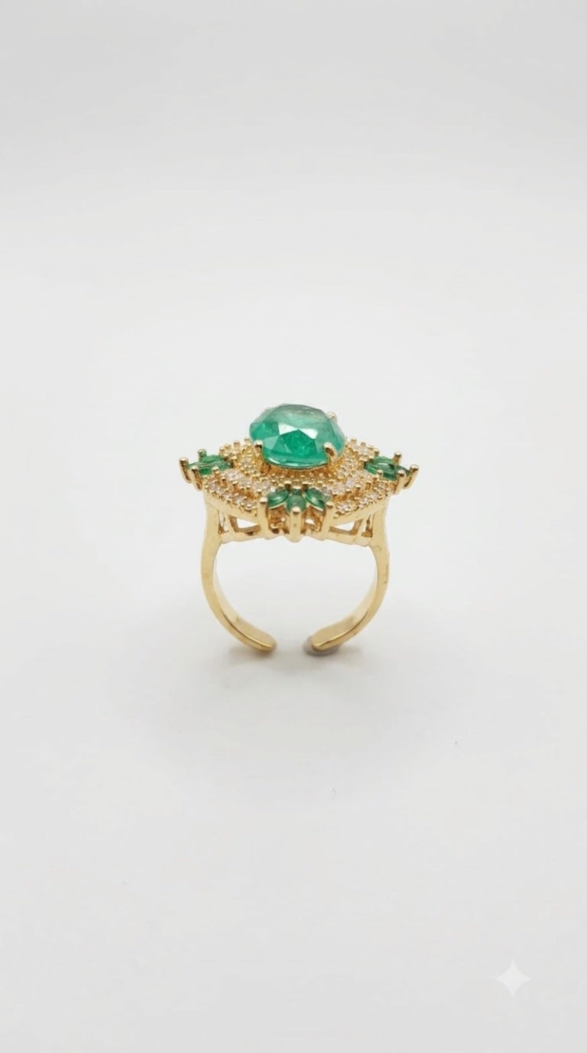 Ornate gold-tone cocktail ring with an oval centre stone, baguette halo and marquise accents - view 3