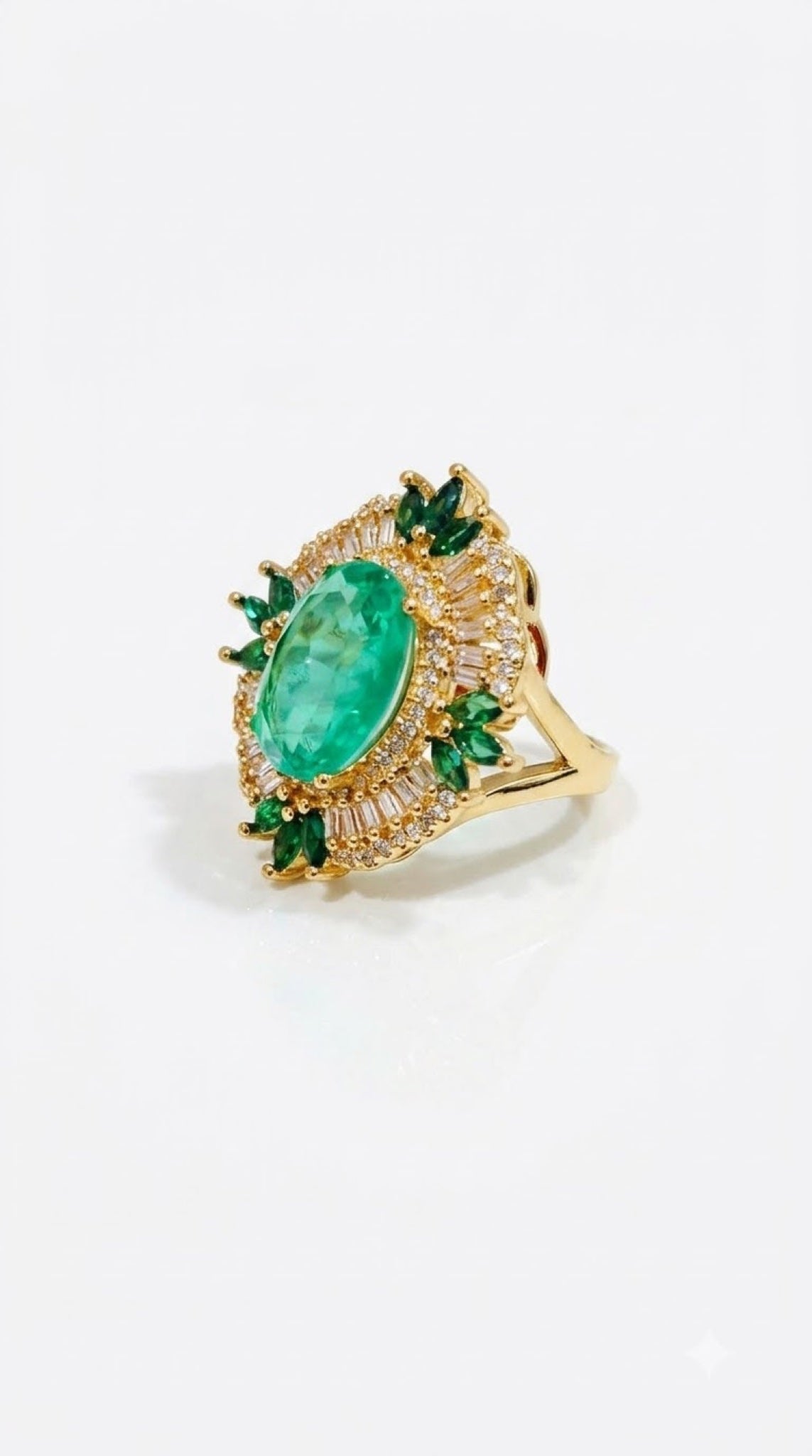 Ornate gold-tone cocktail ring with an oval centre stone, baguette halo and marquise accents - view 4