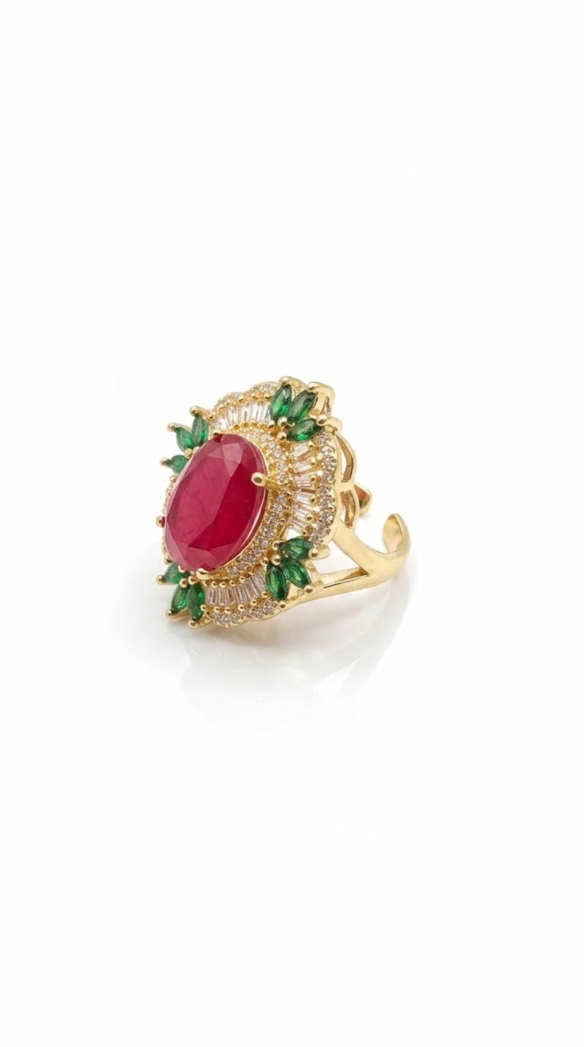 Ornate gold-tone cocktail ring with an oval centre stone, baguette halo and marquise accents - view 6