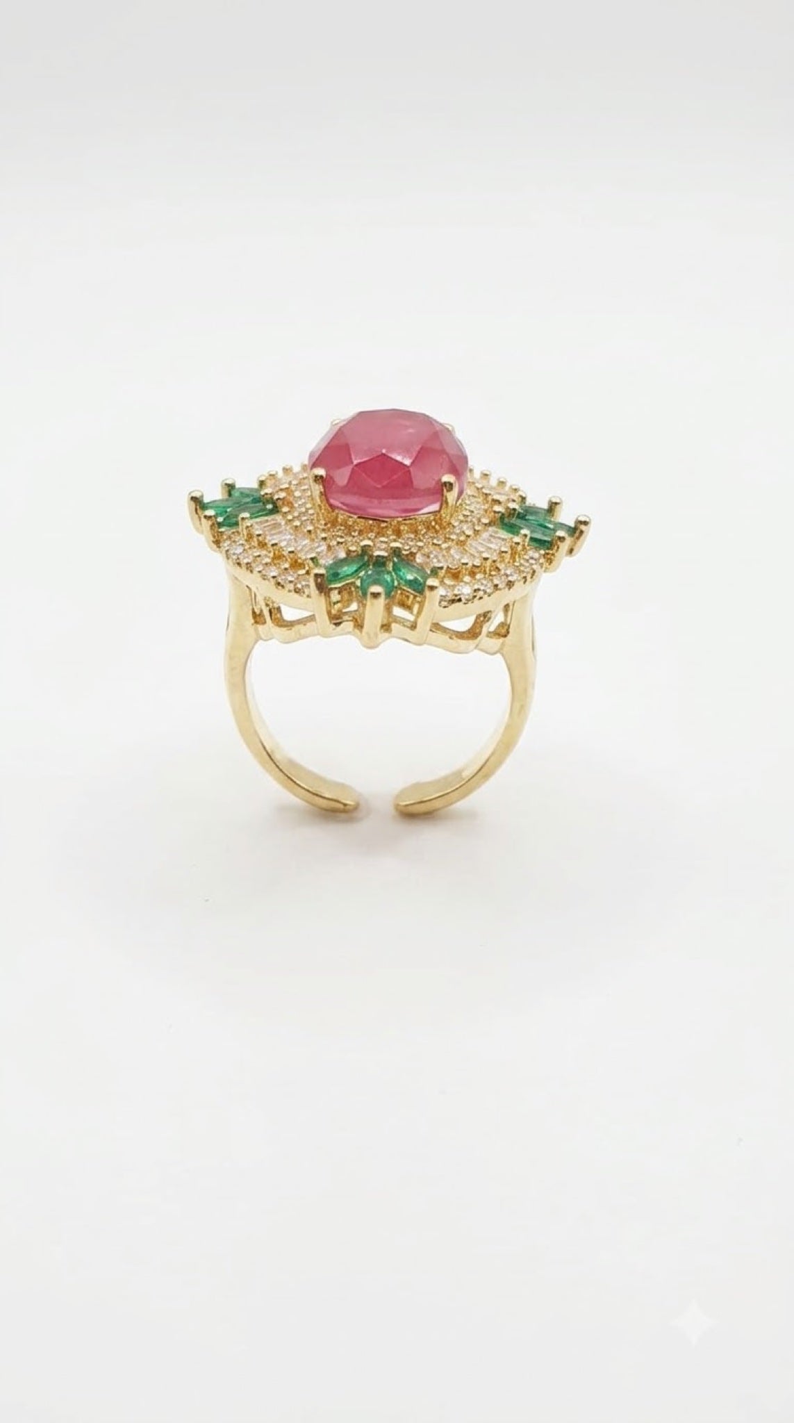 Ornate gold-tone cocktail ring with an oval centre stone, baguette halo and marquise accents - view 7