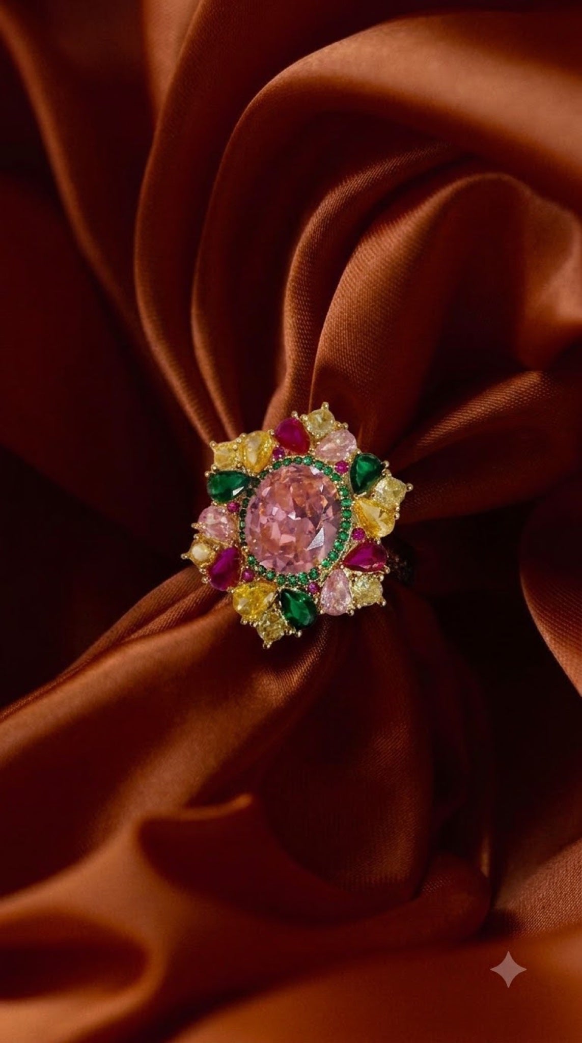 Gold-tone floral cluster cocktail ring with an oval crystal centre and pear-cut petals