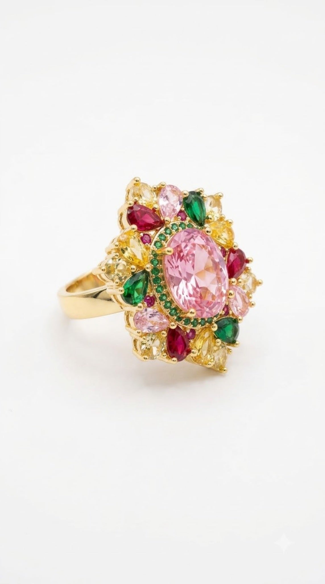 Gold-tone floral cluster cocktail ring with an oval crystal centre and pear-cut petals - view 2