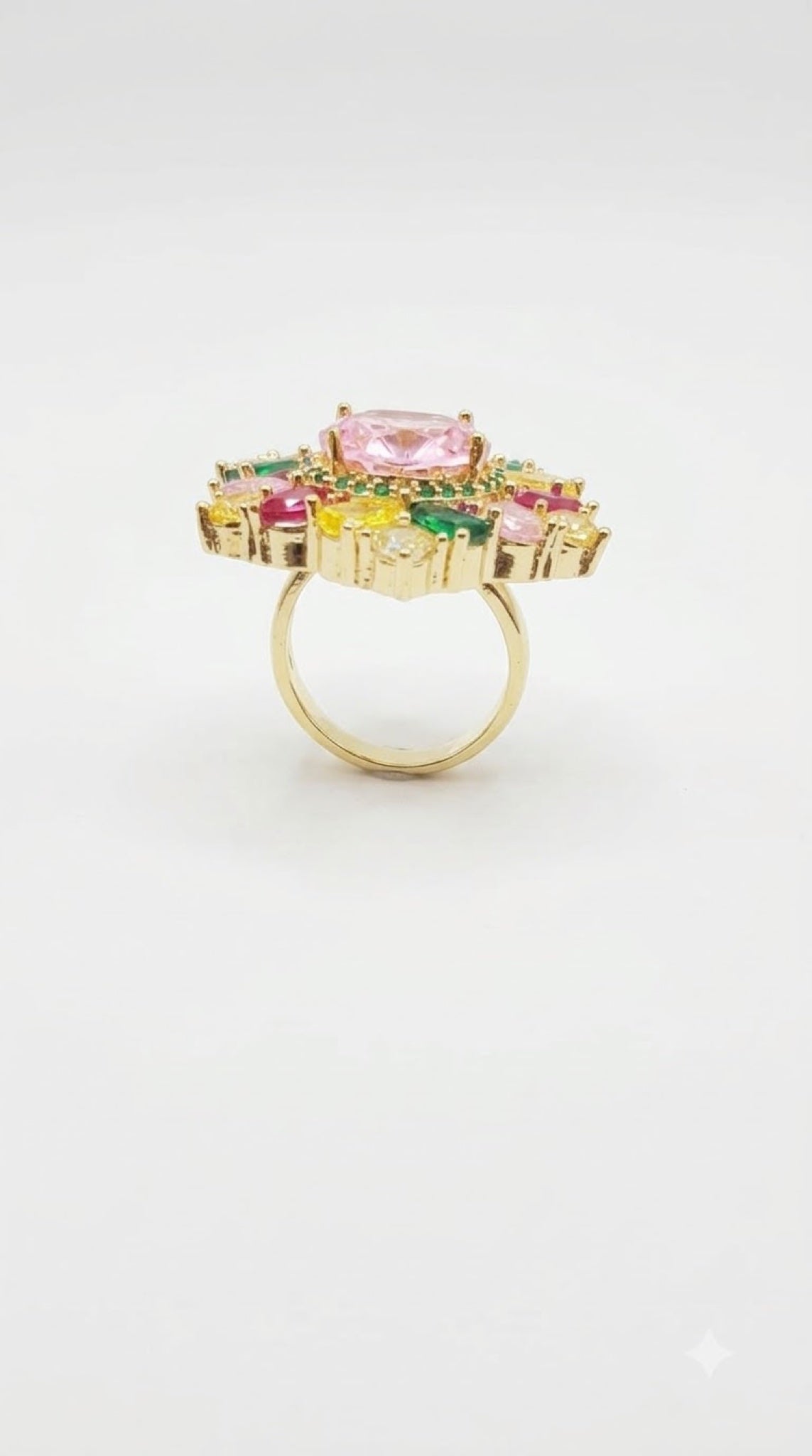 Gold-tone floral cluster cocktail ring with an oval crystal centre and pear-cut petals - view 3