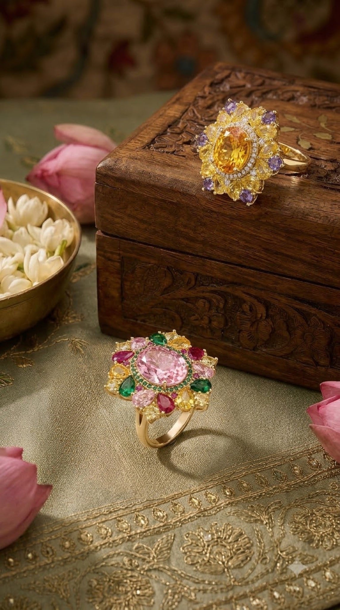 Gold-tone floral cluster cocktail ring with an oval crystal centre and pear-cut petals - view 4