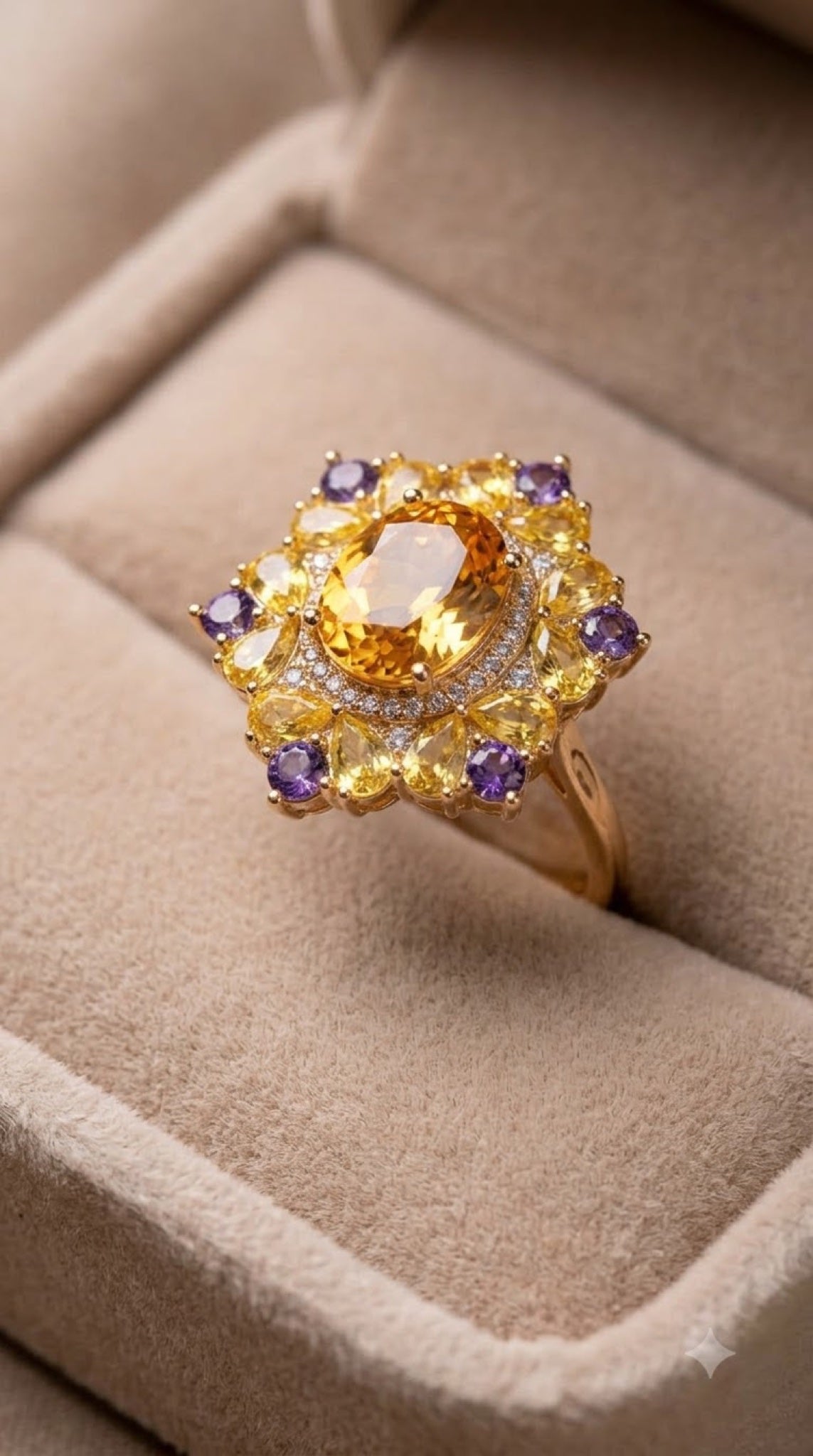 Gold-tone floral cluster cocktail ring with an oval crystal centre and pear-cut petals - view 5