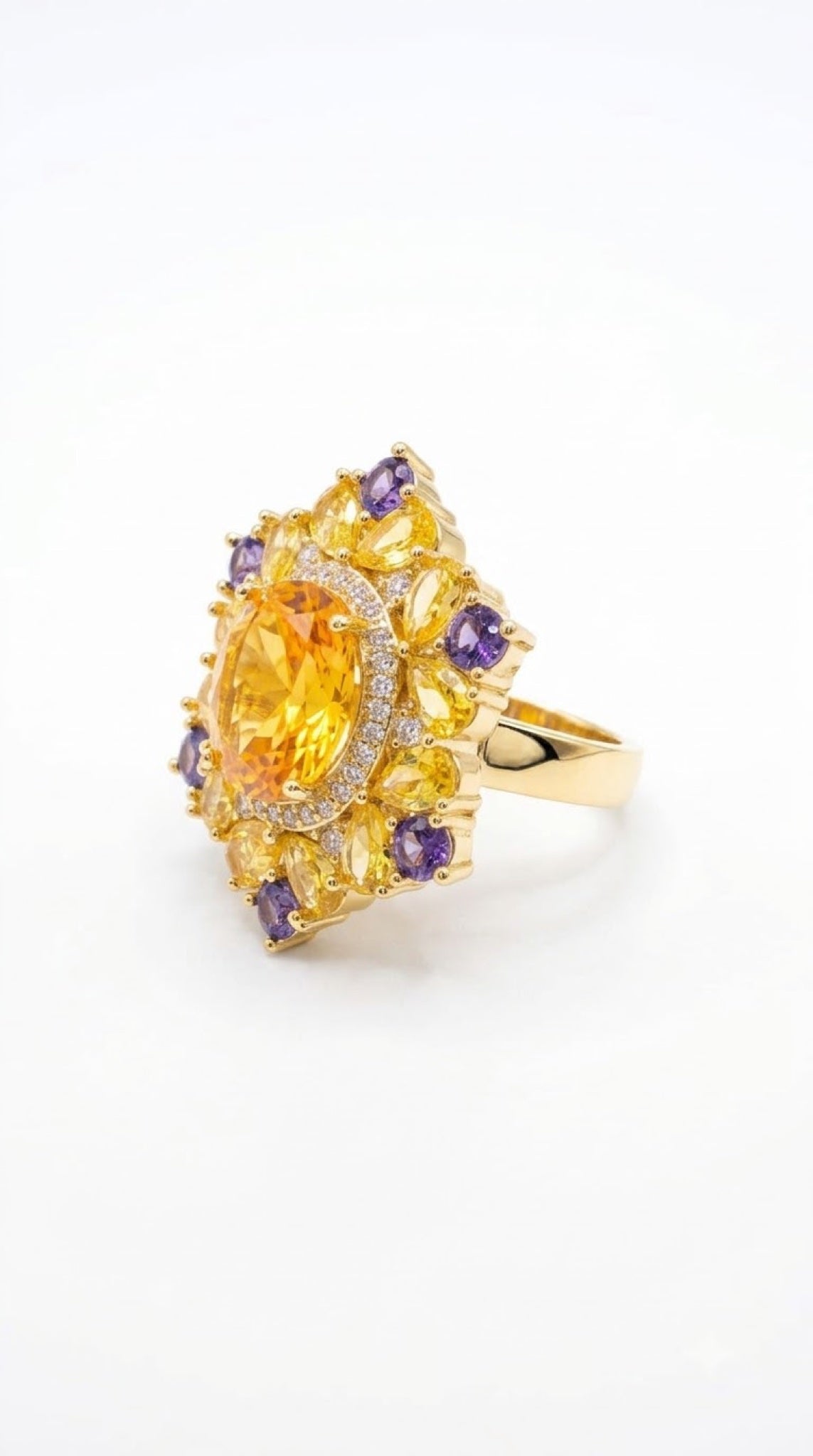 Gold-tone floral cluster cocktail ring with an oval crystal centre and pear-cut petals - view 6