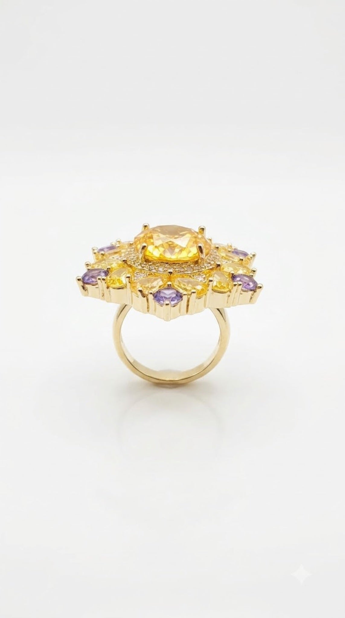 Gold-tone floral cluster cocktail ring with an oval crystal centre and pear-cut petals - view 7
