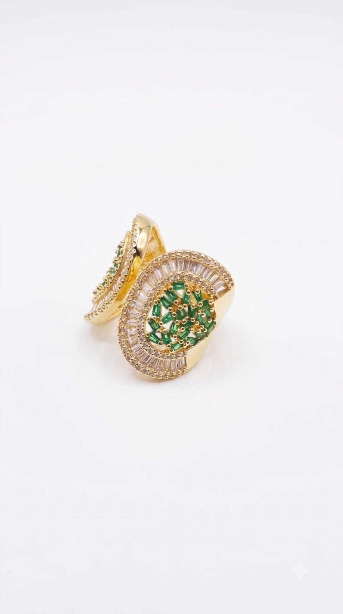 Gold-tone double paisley wrap ring with green crystals and baguette crystal borders - view 2