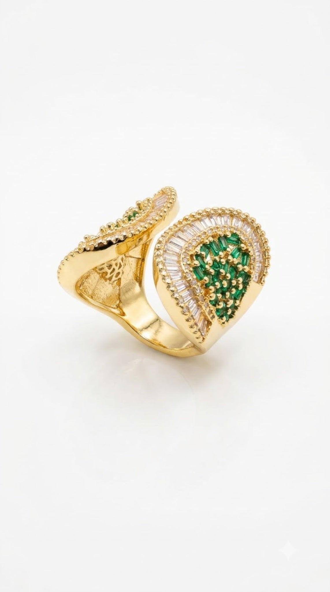 Gold-tone double paisley wrap ring with green crystals and baguette crystal borders - view 3