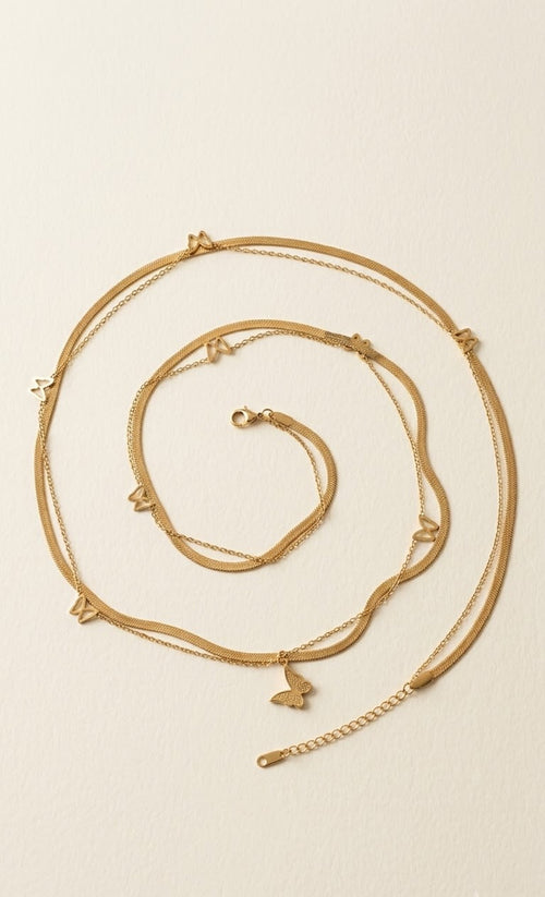 Layered gold-tone herringbone and butterfly charm waist chain - view 2