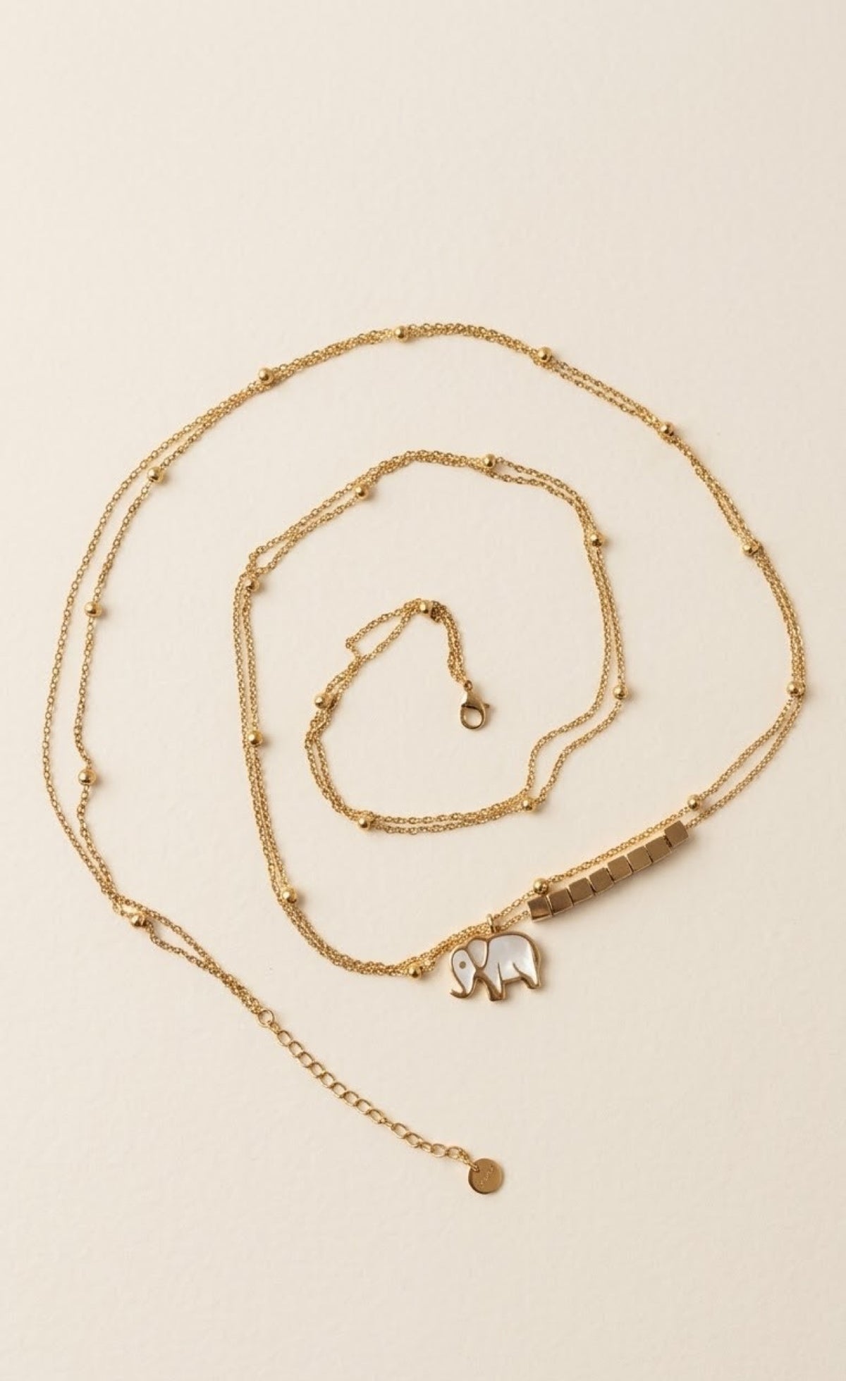 Double gold-tone satellite waist chain with white enamel elephant charm - view 2