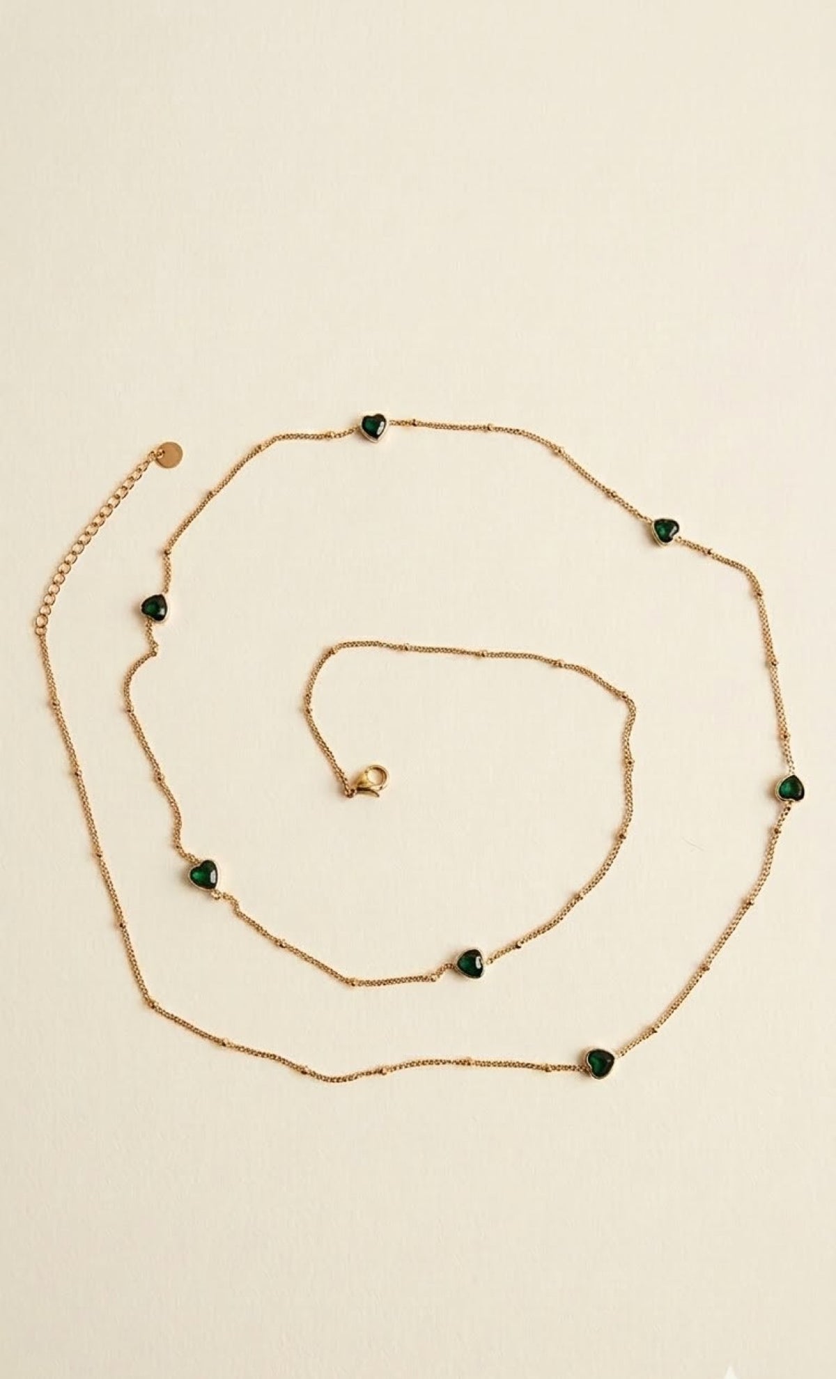 Gold-tone satellite waist chain with green heart stones - view 2