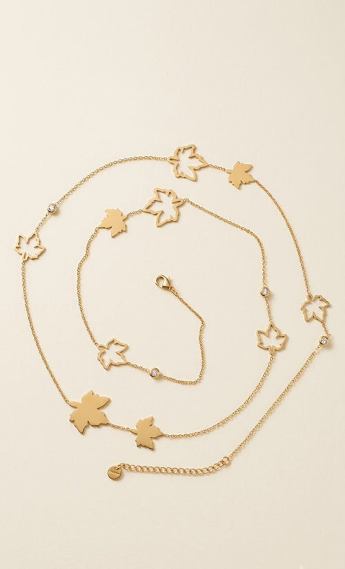 Gold-tone maple leaf waist chain with crystal accents - view 2